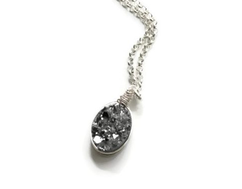 Silver Oval Druzy Necklace