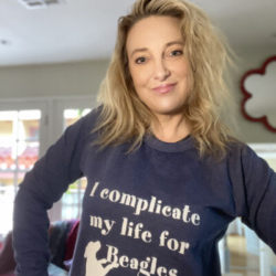 Founder of Beagle Freedom Project, Shannon Keith wearing our joint collaboration design.