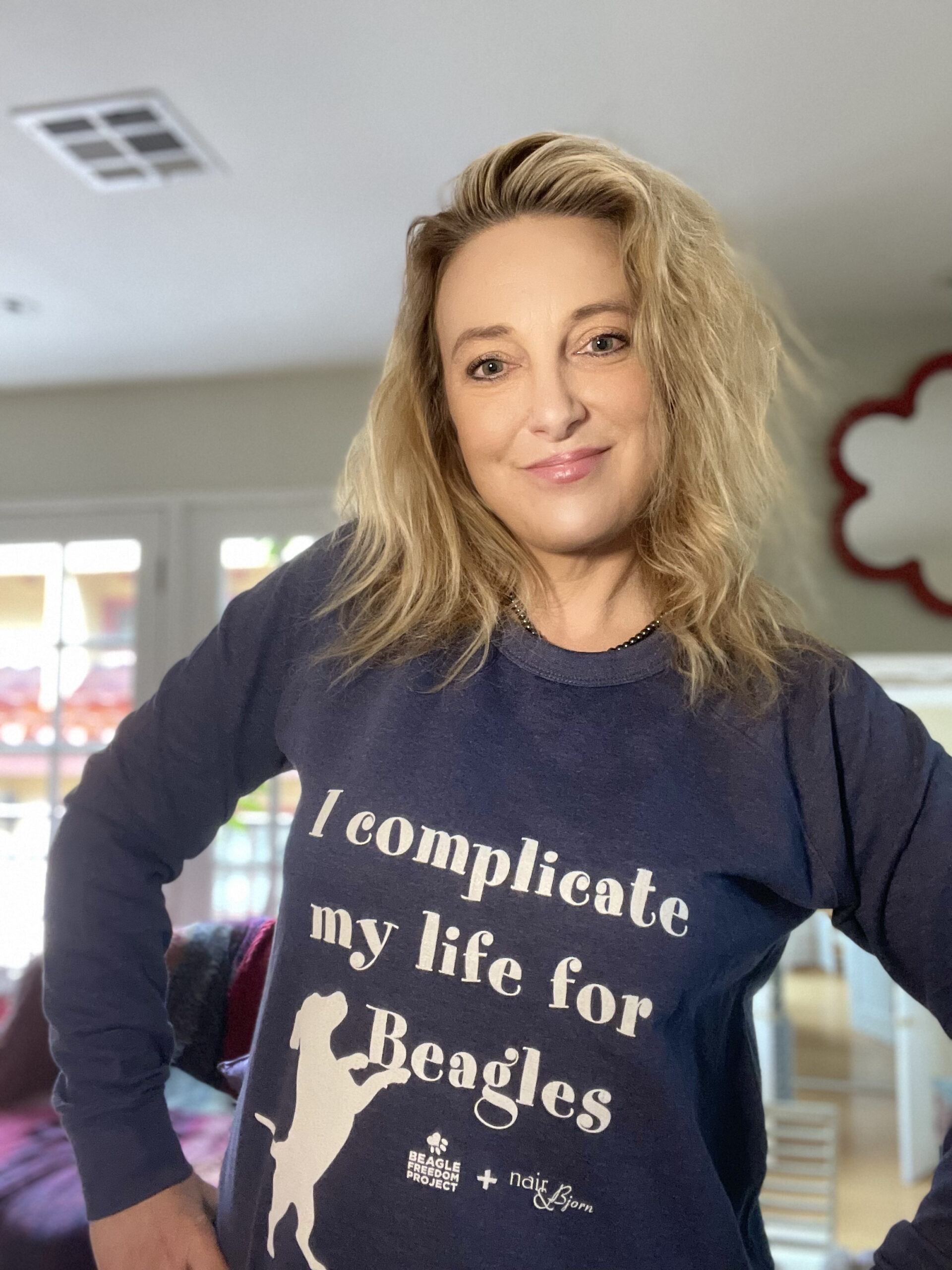 Founder of Beagle Freedom Project, Shannon Keith wearing our joint collaboration design